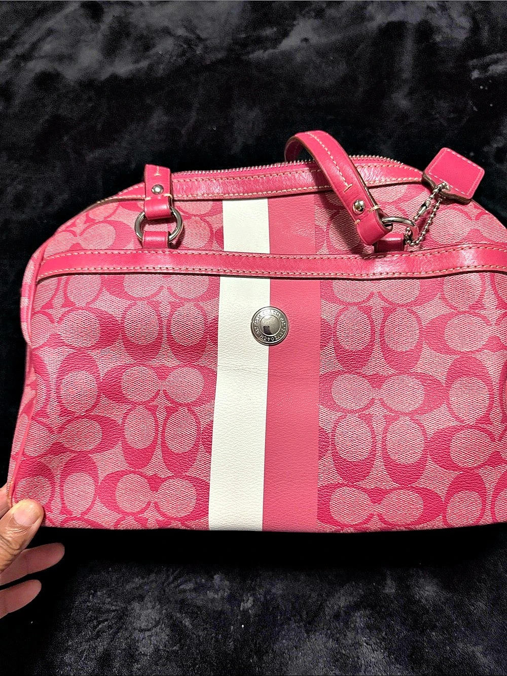 Coach Signature Stripe Zip Satchel Pink & White